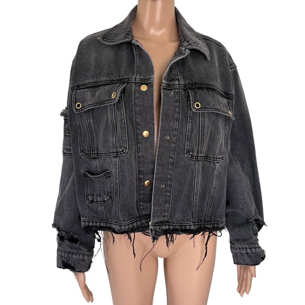 Retro Grunge Distressed Denim Jacket Black Frayed S Utilitycore Streetwear